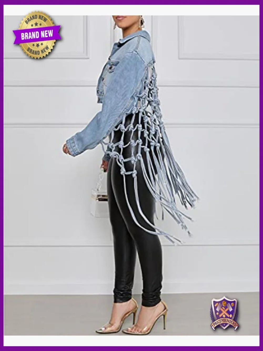 Cropped Fringe Distressed Denim Jacket Button Down Long Sleeve Jean Coat